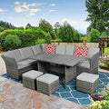 MEETWARM 7 Pieces Wicker Patio Furniture Set Outdoor Conversation Set All Weather Rattan Sectional Sofa Couch Garden Dining Table Chair Set with Ottoman (Gray)