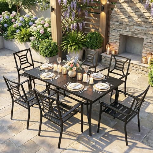VOYSIGN 7 Piece Outdoor Patio Dining Sets, 60" Rectangular Metal Dining Table with Umbrella Hole & 6 Stackable Metal Chairs, Weather Resistant Garden Furniture Set for Backyard, Deck, Porch