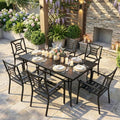 VOYSIGN 7 Piece Outdoor Patio Dining Sets, 60" Rectangular Metal Dining Table with Umbrella Hole & 6 Stackable Metal Chairs, Weather Resistant Garden Furniture Set for Backyard, Deck, Porch