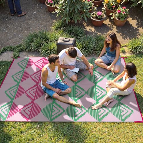 Lahome Waterproof Outdoor Rug 8x10, Reversible Outdoor Plastic Straw Rug for Patios, Outside RV Mat Carpet for Deck Porch Backyard Balcony Picnic Trailer (Pink/Green, 8' x 10')