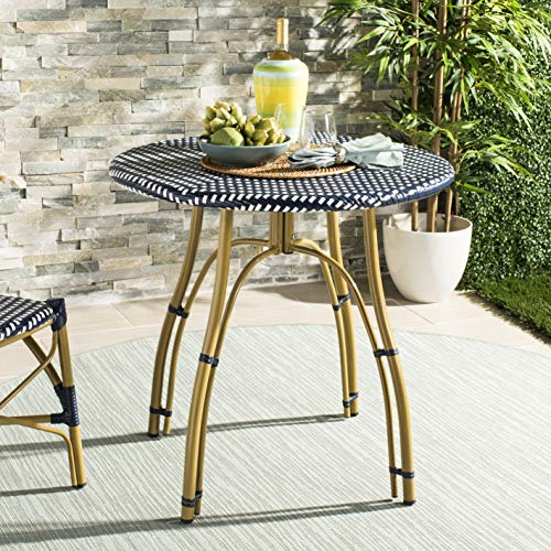 SAFAVIEH Outdoor - Kylie Bistro Side Table - Navy & White - Faux Wicker & Aluminum Frame - Parisian Round Bistro Design - Ideal for Patio, Deck, Sunroom, Dining Area, 31.5"W x 31.5"D x 30"H (PAT4011A)