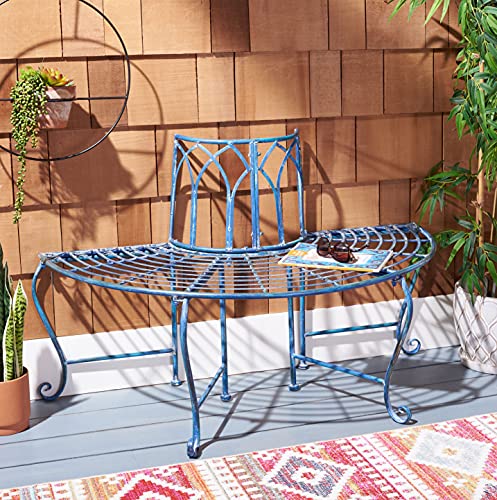 SAFAVIEH Outdoor - Abia Iron Tree Bench - Mossy Blue Iron Metal - Vintage Scrollwork Garden Design - Ideal for Patio, Deck, Porch, Garden, 17" Seat Height (PAT5018C)