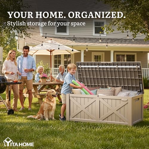 YITAHOME 150 Gallon Large Deck Box with X-Shaped Front, Resin Outdoor Storage Boxes, Waterproof Cushion Storage Bench for Patio, Pool Supplies, Garden Tools - Lockable, Taupe