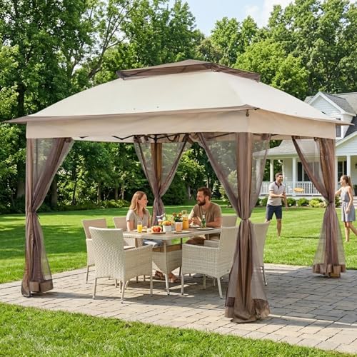 COOS BAY 11x11 Pop Up Gazebo with Mesh Netting, Instant Outdoor Canopy Tent, Water Resistant Shelter with UPF 50+ UV Protection, 121 Sq Ft Coverage, Beige