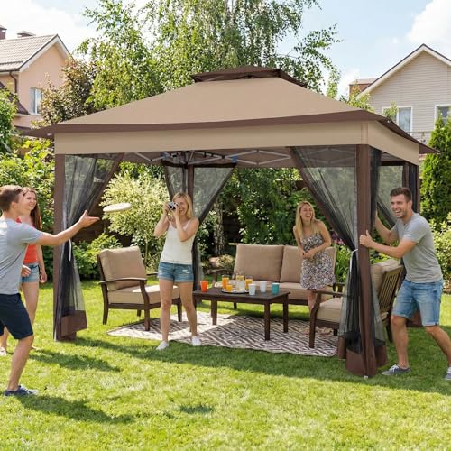 COBIZI 12x12 Pop Up Gazebos On Clearance - Upgrade Easy Up Metal Outdoor Gazebo Waterproof - Portable Gazebo with Mosquito Nettings, 4 Ropes 8 Stakes and Carry Bag for Patio Garden(Coffee)