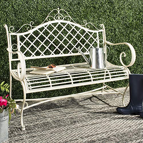 SAFAVIEH Outdoor - Abner Outdoor Iron Garden Bench - Antique White - Scrollwork Design - Ideal for Patio, Deck, Porch, Garden, 17" Seat Height (PAT5017A)