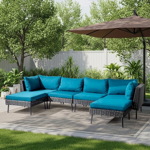 VINGLI 6-Piece Patio Furniture Set, All-Weather Wicker Outdoor Sectional Sofa with Thick Cushions, Hand-Woven Rattan Conversation Set for Garden & Backyard (Black)