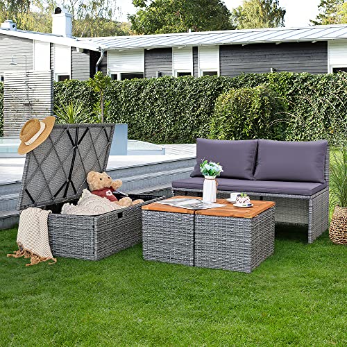 Devoko Patio Day Bed with 2 Side Tables Outdoor Daybed Set MultifunctionalRattan Lounge Bed for Backyard Porch Poolside Lawn Beach (Gray)