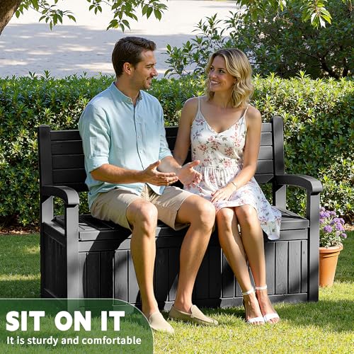 GYMHILL 80 Gallon Outdoor Storage Bench Spacious Storage Box Waterproof Resin Deck Box Lockable for Patio, Garden, Living Room & Outdoor Spaces（Black）