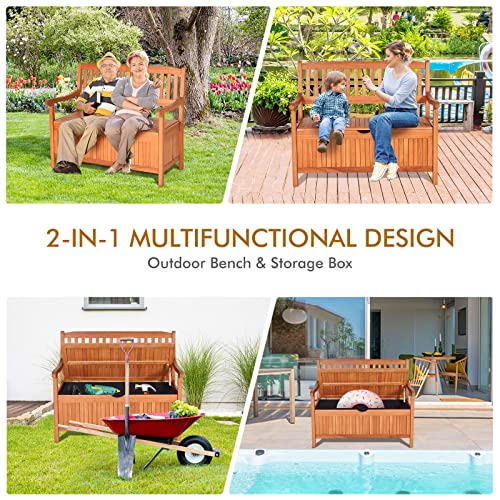 S AFSTAR Outdoor Patio Bench with Storage Box, 33 Gallon Storage Bench Deck Box with Dustproof Liner, Comfort Backrest & Wide Armrest, 800 lbs Capacity, Wood Bench for Garden Patio Park Porch
