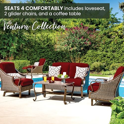 Hanover Ventura Outdoor 4-Piece Conversation Set with Loveseat, 2 Rocking Chairs, Crimson Red Cushions, 4 Pillows and Ceramic Tile Coffee Table, All-Weather 4-Piece Patio Set