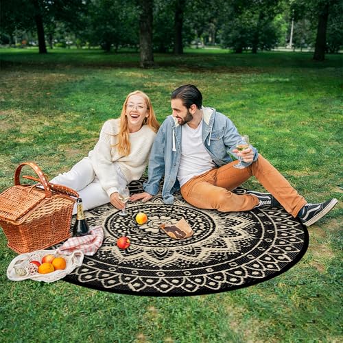 Round Outdoor Rugs for Patios, 6Ft Waterproof Reversible Plastic Straw Mat with Carry Bags, Boho Lightweight Outdoor Carpet Portable Round Floor Mat for Patio Camping Picnic Backyard RV,Black Camel
