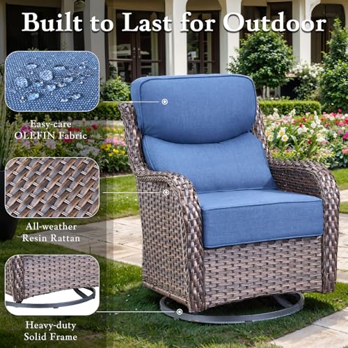 moosprr Luxury High Back Outdoor Furniture with 6-inch Extra Thick Cushions, Patio Furniture Set with Swivel Chairs, 7 PCS Wicker Conversation Set for Yard, Deck, Poolside, Brown/Blue