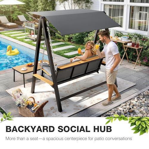 Pamapic 3-4 Seat Porch Swing with Stand, 990lbs Heavy Duty Outdoor Swings for Adults with 4“ Thick Cushions, Breathable Textilene Mesh Base, Adaptive Pillow, Adjustable Canopy, Side Trays for Backyard