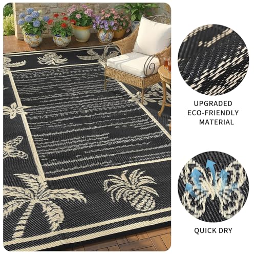 Garvee Outdoor Rug 5x8 Waterproof for Patios, Reversible Plastic Straw Rug, Tropical Leaf Indoor Outdoor Rugs, Large Area Rug for RV, Camping, Deck, Picnic Mat, Outside Carpet, Black & Brown