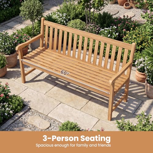 Tangkula 62" Teak Wood Outdoor Bench, 3-Seat Solid Wood Garden Patio Bench with Armrests and Backrest, Wooden Outside Porch Bench Seating Furniture for Backyard, Balcony and Park (62")