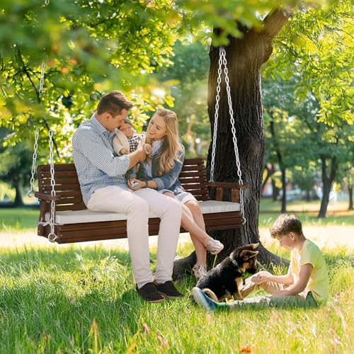 VINGLI Heavy Duty 880 LBS Patio Wooden Porch Swing Outdoor with Extra Cushion, Farmhouse Hanging Bench Tree Swing with Adjustable Chains for Yard | Garden | Lawn | Balcony (5 FT, Rustic)