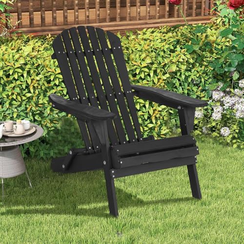 BORGEBY Foldable Adirondack Chair, All-Weather Adirondack Chairs Lawn Chairs Outdoor Patio Chairs with Wide Armrest, Solid Wood Outdoor Chairs Set Fire Pit Chairs Front Porch Chairs, 350 Lbs, Black