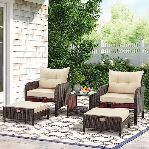 AVAWING 5 Pieces Patio Furniture Set, Outdoor Rattan Chairs with Tempered Glass Coffee Table, Ottomans & Soft Cushions, Wicker Conversation Bistro Set for Garden, Deck, Balcony, Poolside(Khaki)