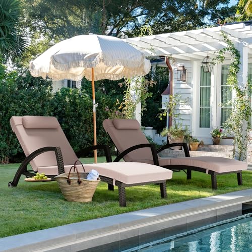 TellMagi Outdoor Chaise Lounge Chairs Set of 2, 5 Levels Adjustable Wicker Patio Pool Lounge Chair with Cushion, Pillow, Side Tray and Rubber Wheels for Backyard Deck Porch Outside (Khaki)