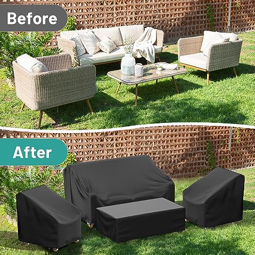 Mrrihand Patio Furniture Covers, 4 Piece Outdoor Furniture Cover Waterproof includ Ourdoor Sofa Cover, 2 Chair Covers, Coffee Table Cover with Windproof Buckle Strap and Adjustable Drawstring-Black