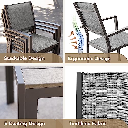 Devoko Patio Dining Set 7 Piece Outdoor Furniture with Rectangular Table and 6 Stackable Chairs Family Conversation Set for Garden Backyard Deck (Grey)