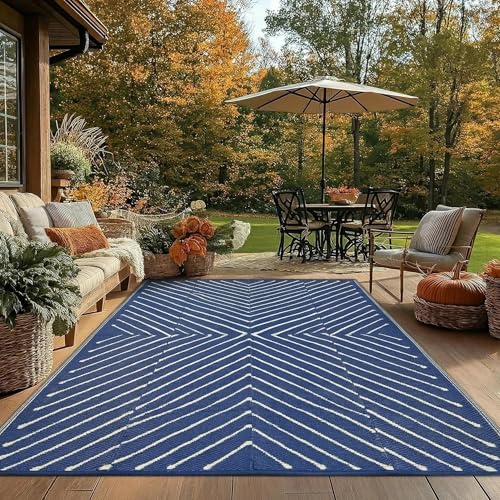 Garvee Striped 5x8 Outdoor Rug Waterproof Reversible Patio Mat, Portable Lightweight Plastic Straw Camping Rug for RV, Balcony, Backyard, Porch, Beach, Picnic, UV Protected & Easy Clean, Navy & White