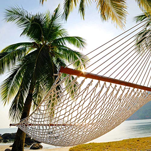 Castaway Living 13 ft. Double Traditional Hand Woven Cotton Rope Hammock – 2-Person, 450 lb Capacity, Free Extension Chains & Tree Hooks, Designed in The USA