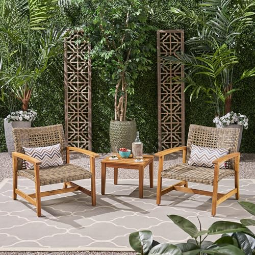 Christopher Knight Home Hampton Outdoor 3 Piece Wood and Wicker Club Chairs and Side Table Set, Gray