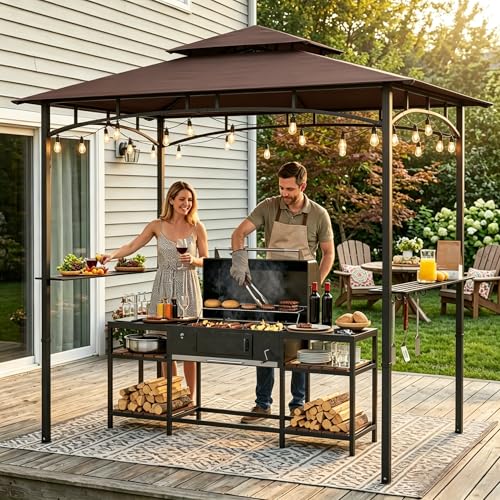 Murago 8x5 Grill Gazebo, BBQ Gazebo for Outdoor Grill, All Weather BBQ Canopy with 2 Shelves and Utensil Organizer, Steel Frame with Bottle Opener for Patio, Backyard, Grilling, Brown