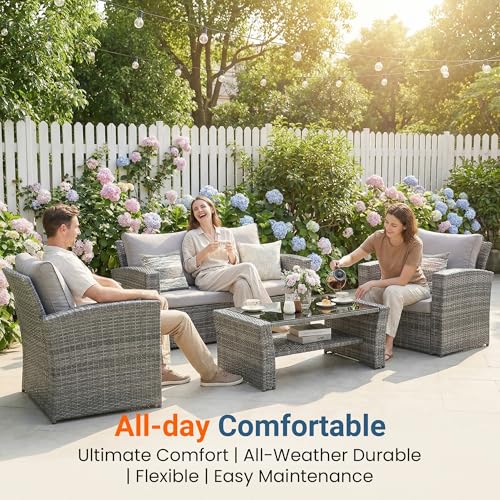 Wisteria Lane Patio Furniture Set, Wicker Outside Outdoor Furniture for All Weather, Patio Sofa with High Backrest Support and Wide Armrest for Backyard, Balcony, Deck, Porch, Ash Gray
