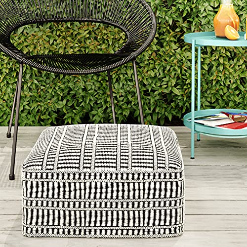 SIMPLIHOME Safford Square Pouf - 20 inch Wide Upholstered PET Polyester Ottoman in Black and White, Boho Indoor/Outdoor Footstool or Extra Seating for Living Room, Bedroom, or Patio, Assembled