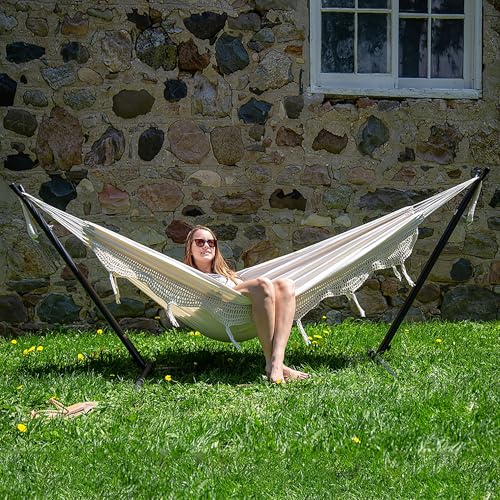 Vivere Double Cotton Hammock with Space Saving Steel Stand, Upgraded Polyester End Strings 450 lb Capacity - Premium Carry Bag Included - USA Grown Cotton (Natural)
