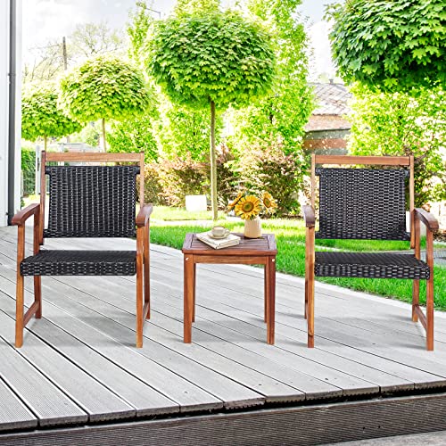 Tangkula 3-Piece Patio Acacia Wood Bistro Set, Patiojoy Outdoor Furniture Set with 2 Chairs & Side Table, Weather Resistant Rattan Garden Conversation Chair Set for Pool Side, Deck, Balcony