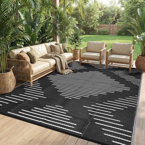 Garvee Waterproof Outdoor Rug 5x8 Rug Plastic Reversible Area Rugs Indoor Outdoor Carpet for Patio RV Porch Balcony Backyard Picnic Black White