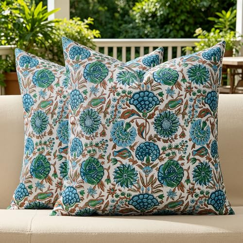 Allorry Outdoor Pillow Covers 18x18 Set of 2 Vintage Blue Floral Block Print Pillow Cover Neutral Modern Farmhouse Boho Decorative for Spring Summer Outdoor Sofa Bedroom Living Room DecorJB013-A18