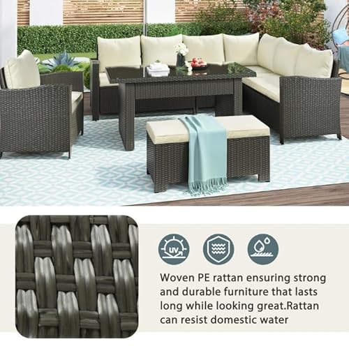 YYDSUS 6 Piece Outdoor Conversation Set Modular Patio Wicker Rattan Furniture Set All Weather Reinforced Wicker Rattan Sectional Sofa Chair with Bench and Cushions