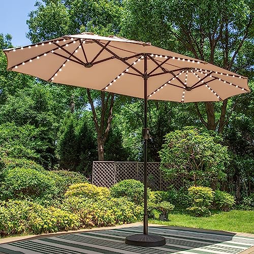 PHI VILLA 13ft Patio Umbrella with Solar-Powered 120 PCS LED Color-Changing Lights, Triple-Head Large Rectangle Umbrella Outdoor Patio for Table with Crank Lift,Beige(No Base)