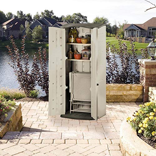 Rubbermaid Compact Vertical Resin Storage Shed With Floor (2 x 2.5 Ft), Weather Resistant, Beige/Brown, Organization for Home/Backyard/Garden Tools/Porch/Patio Cushions/Pool Chemicals/Toys