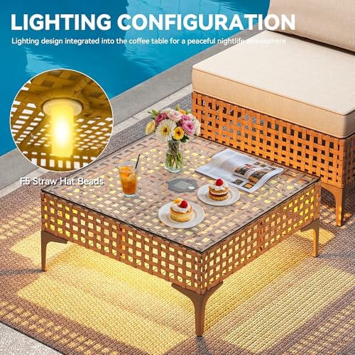 YITAHOME Wicker Patio Furniture Set 3 Pieces Outdoor Sectional Sofa with Solar Light Table Outdoor Couch with Waterproof Cushions All-Weather Rattan Patio Conversation Set for Indoor/Outdoor