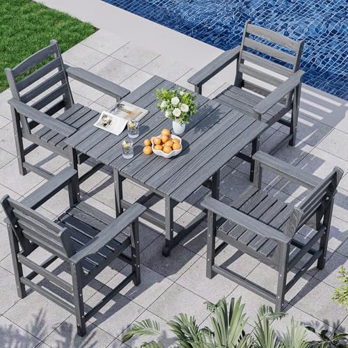 PamapicLife Outdoor HDPE Dining Table Set, 5-Piece All-Weather HDPE Outdoor Table and Chairs with Elegant Armrest, Wood Grain Patio Furniture Sets with Umbrella Hole for Porch, Backyard, Gray