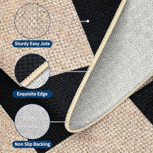 GarveeHome Checkered Easy Jute 5x7 Area Rugs for Living Room Machine Washable Non-Slip Backing Stain Resistant Modern Indoor Outdoor Rugs for Farmhouse Dining Room Patio Black