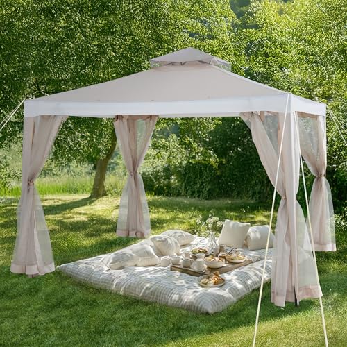 Sunjoy 10 x 10 ft. Soft Top Gazebo, Outdoor Patio Backyard Modern 2-Tier Steel Frame Gazebo with Mesh Netting - Beige & White