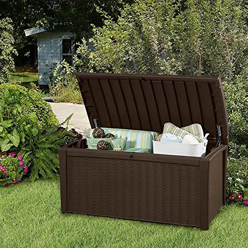 Keter Borneo 110 Gallon Resin Deck Box - Organization and Storage for Patio Furniture, Outdoor Cushions, Throw Pillows, Garden Tools and Pool Toys, Brown