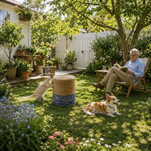 Wimarsbon Natural Seagrass Foot Stool, Hand Weaving Round Ottoman, for Living Room, Outdoor Seat (Natural & Blue)