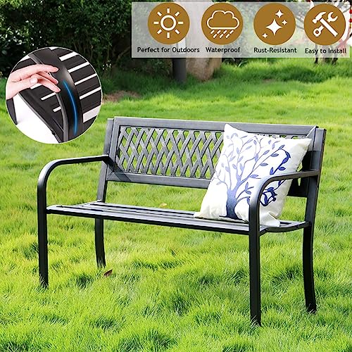BestShop Patio Bench - Outdoor Metal Garden Bench with Armrests, 480lbs, Cast Iron, Sturdy Steel Frame, Black