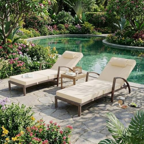 Garvee Outdoor Chaise Lounge Set of 2, 5-Position Adjustable PE Wicker Reclining Chairs with Wheels & 3.5" Cushions, 400 lbs Capacity All-Weather Patio Furniture for Poolside, Garden, Beach(Beige)