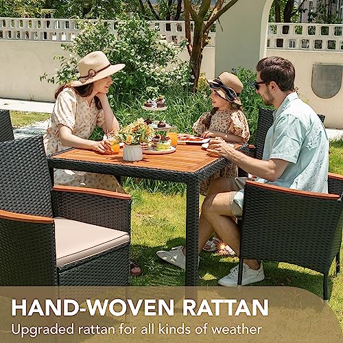 Devoko 5 PCS Furniture, Patio Conversation Set with Acacia Wood Top, Rattan Outdoor Dining Table and Chairs for Backyard, Garden, Deck, Black