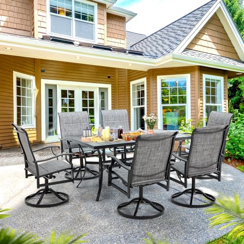 BUPPLEE Patio Dining Set for 6, 6 Piece Patio Swivel Chairs with 1 Piece Large Metal Rectangular Dining Table for Backyard Front Porch Pool Deck,Gray