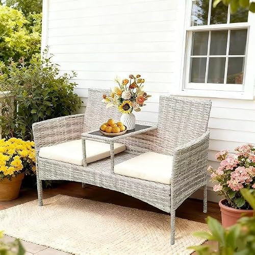 2-Seat Gray Wicker Outdoor Loveseat with Glass Coffee Table & cushions